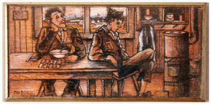 Zeichnung aus dem Lageralltag eines Gefangenen aus dem italienischen Sektor von Zeithain, Gedenkstätte Ehrenhain Zeithain Zeichnung aus dem Lageralltag eines Gefangenen aus dem italienischen Sektor von Zeithain, Gedenkstätte Ehrenhain Zeithain