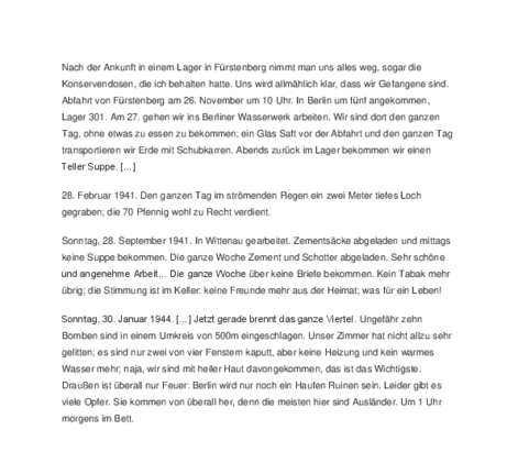 Auszüge aus: Jean René und Hervé: Ein Spielball in den Wirren des Krieges. Tagebuch eines Kriegsgefangenen, Seiten 16, 22, 56-57 Auszüge aus: Jean René und Hervé: Ein Spielball in den Wirren des Krieges. Tagebuch eines Kriegsgefangenen, Seiten 16, 22, 56-57