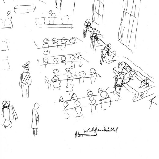 Betrieb der Firma Voigtl&auml;nder & Sohn in der Kirche des Strafgef&auml;ngnisses Wolfenb&uuml;ttel Zeichnung: Wilfred Jensenius, 1945, Gedenkst&auml;tte Wolfenb&uuml;ttel 