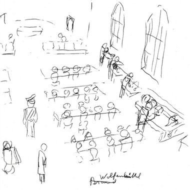 Voigtl&auml;nder & Sohn factory in the church of Wolfenb&uuml;ttel prison, drawing by Wilfred Jensenius, 1945 &copy; Gedenkst&auml;tte Wolfenb&uuml;ttel