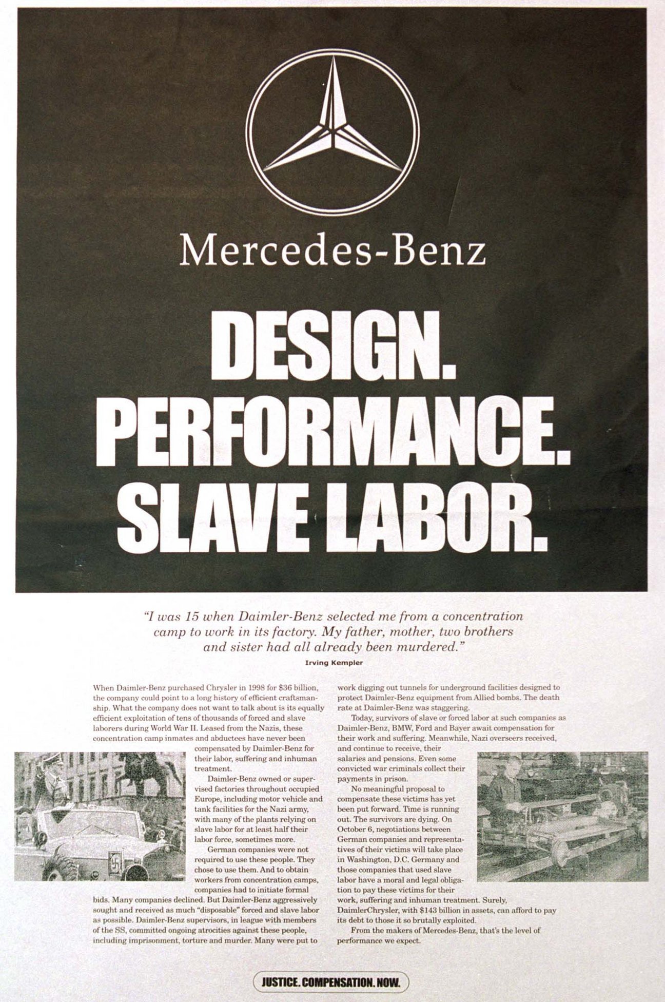 Zeitungsanzeige „Mercedes-Benz. Design. Performance. Slave Labor.“, The New York Times, Oktober 1999, Ullstein Zeitungsanzeige „Mercedes-Benz. Design. Performance. Slave Labor.“, The New York Times, Oktober 1999, Ullstein