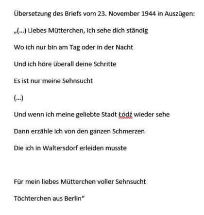 Übersetzung des Briefs vom 23. November 1944 in Auszügen Übersetzung des Briefs vom 23. November 1944 in Auszügen