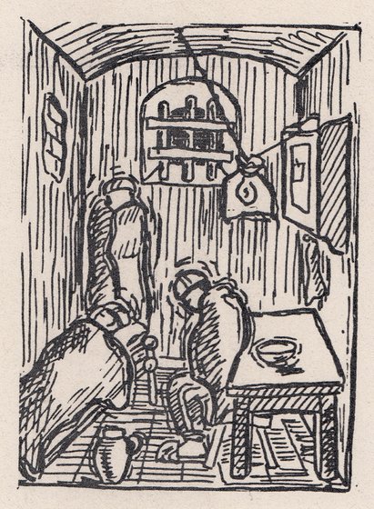 Haftsituation der „Nacht- und Nebel“-Gefangenen im Winter 1944/45, Zeichnung: Wilfred Jensenius, undatiert / Gedenkstätte Wolfenbüttel Haftsituation der „Nacht- und Nebel“-Gefangenen im Winter 1944/45, Zeichnung: Wilfred Jensenius, undatiert / Gedenkstätte Wolfenbüttel