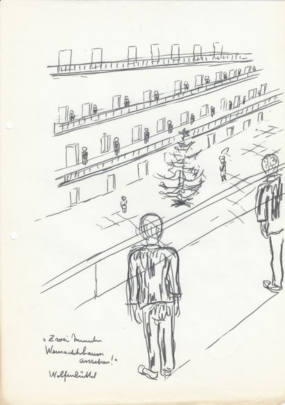 „Zwei Minuten Weihnachtsbaum ansehen!“ Wolfenbüttel, Zeichnung: Wilfred Jensenius, 1945 (nach der Befreiung) /Gedenkstätte Wolfenbüttel „Zwei Minuten Weihnachtsbaum ansehen!“ Wolfenbüttel, Zeichnung: Wilfred Jensenius, 1945 (nach der Befreiung) /Gedenkstätte Wolfenbüttel