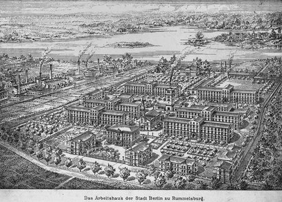 Strichzeichnung des Arbeitshaus Rummelsburg, Berlin, 1894, Abbildung in B&uuml;chner, Mitteilungen des Statistischen Amts der Stadt Berlin Nr. 5, Heft 9 v. Mai 1931