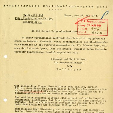 Rundschreiben der Bezirksgruppe Steinkohlenbergbau Ruhr &uuml;ber die Einf&uuml;hrung der &bdquo;Leistungsern&auml;hrung&ldquo;, Essen, 26. Mai 1944, Montanhistorisches Dokumentationszentrum (montan.dok) beim Deutschen Bergbau-Museum Bochum/Bergbau Archiv, BBA 20/242 