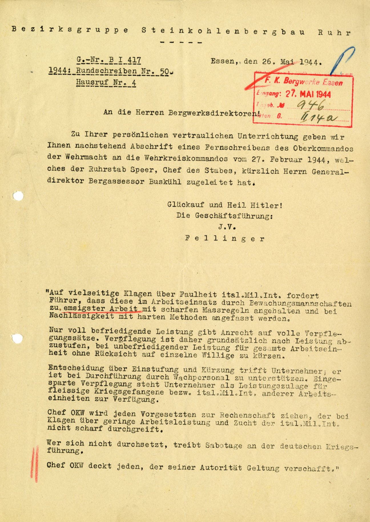 Rundschreiben der Bezirksgruppe Steinkohlenbergbau Ruhr über die Einführung der „Leistungsernährung“, Essen, 26. Mai 1944, Montanhistorisches Dokumentationszentrum (montan.dok) beim Deutschen Bergbau-Museum Bochum/Bergbau Archiv, BBA 20/242 Rundschreiben der Bezirksgruppe Steinkohlenbergbau Ruhr über die Einführung der „Leistungsernährung“, Essen, 26. Mai 1944, Montanhistorisches Dokumentationszentrum (montan.dok) beim Deutschen Bergbau-Museum Bochum/Bergbau Archiv, BBA 20/242
