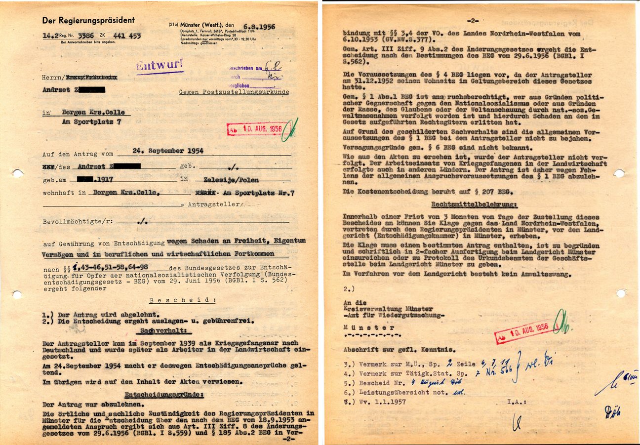 Ablehnung des Entschädigungsantrags von Herrn Z., 1956, LAV NRW W, K 204/Regierung Münster, Wiedergutmachungen Nr. 3386 Ablehnung des Entschädigungsantrags von Herrn Z., 1956, LAV NRW W, K 204/Regierung Münster, Wiedergutmachungen Nr. 3386
