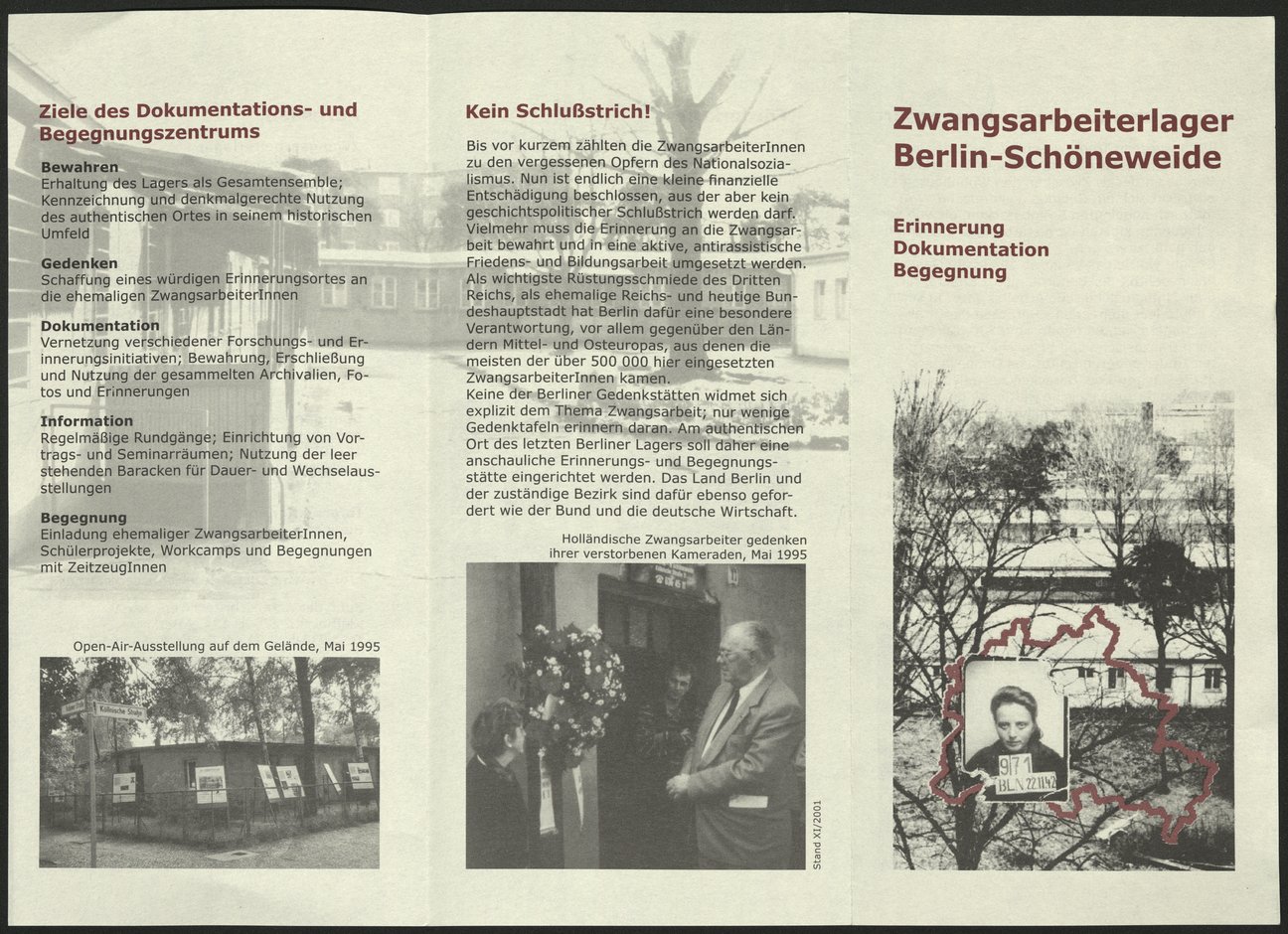 Flyer „Zwangsarbeiterlager Berlin-Schöneweide“ vom Förderkreis für ein Dokumentations- und Begegnungszentrum zur NS-Zwangsarbeit in Berlin-Schönbeweide e.V., ca. 2001, Förderkreis für ein Dokumentations- und Begegnungszentrum zur NS-Zwangsarbeit Flyer „Zwangsarbeiterlager Berlin-Schöneweide“ vom Förderkreis für ein Dokumentations- und Begegnungszentrum zur NS-Zwangsarbeit in Berlin-Schönbeweide e.V., ca. 2001, Förderkreis für ein Dokumentations- und Begegnungszentrum zur NS-Zwangsarbeit