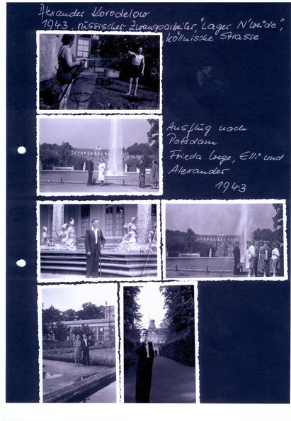Eine Seite aus dem Fotoalbum, die verschiedene Freizeitszenen der Familie Köhn (Onkel und Tante, sowie Elli Köhn) und dem russischen Zwangsarbeiter Alexander Korodelow zeigt, 1943, Dokumentationszentrum NS-Zwangsarbeit Eine Seite aus dem Fotoalbum, die verschiedene Freizeitszenen der Familie Köhn (Onkel und Tante, sowie Elli Köhn) und dem russischen Zwangsarbeiter Alexander Korodelow zeigt, 1943, Dokumentationszentrum NS-Zwangsarbeit