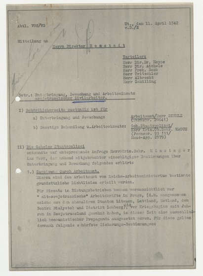 Mitteilung an den Direktor der Daimler Benz AG zur Unterbringung und Bewachung von sowjetischen Zwangsarbeiter:innen, 11. April 1942, Initiative Lern- und Gedenkort Hotel Silber e.V. 