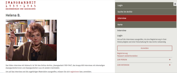 Screenshot Landing-Page Helena Bohle-Szacki.
https://archiv.zwangsarbeit-archiv.de/de/interviews/za253